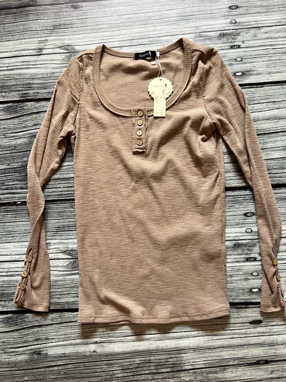 Long Sleeve Ribbed Henley Top - Taupe